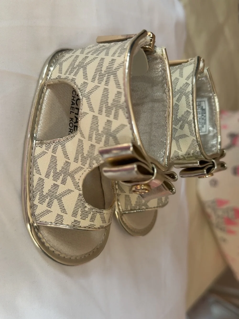 Michael Kors Metallic Gold Toddler Bow Sandals with Logo Print